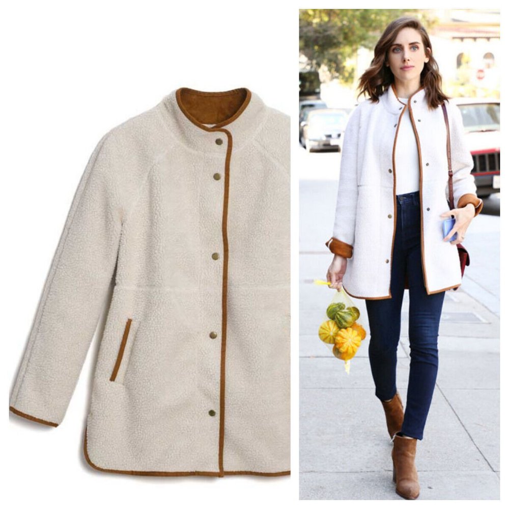 Old Navy XS Oversize Jacket Coat Sherpa Suede Ivory Cognac Tan